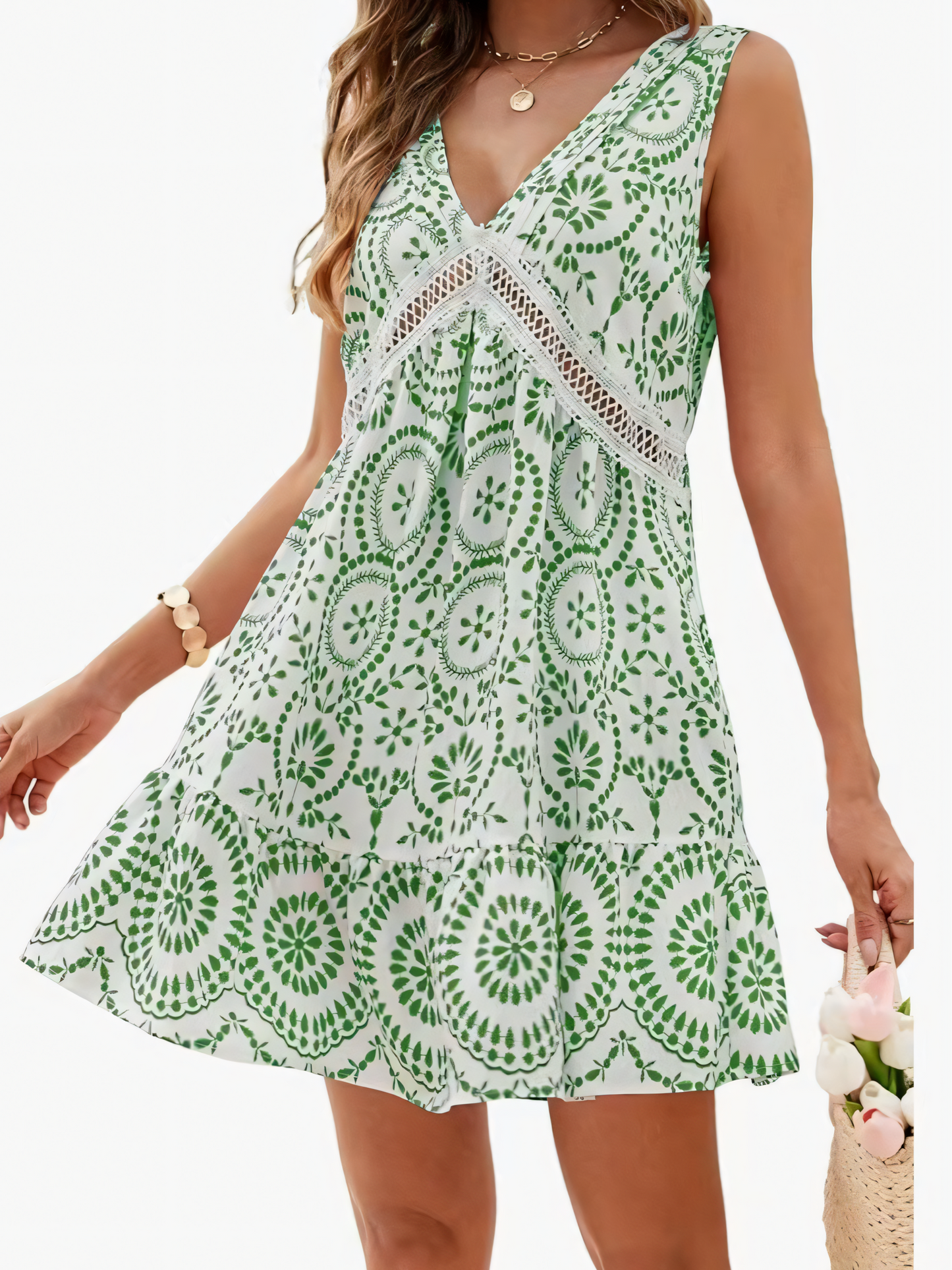 Printed Cutout Lace V-Neck Mini Dress