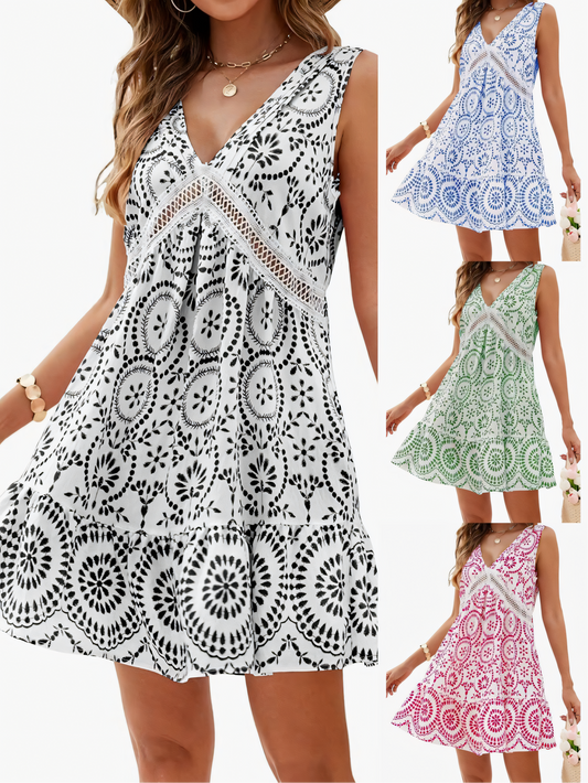 Printed Cutout Lace V-Neck Mini Dress