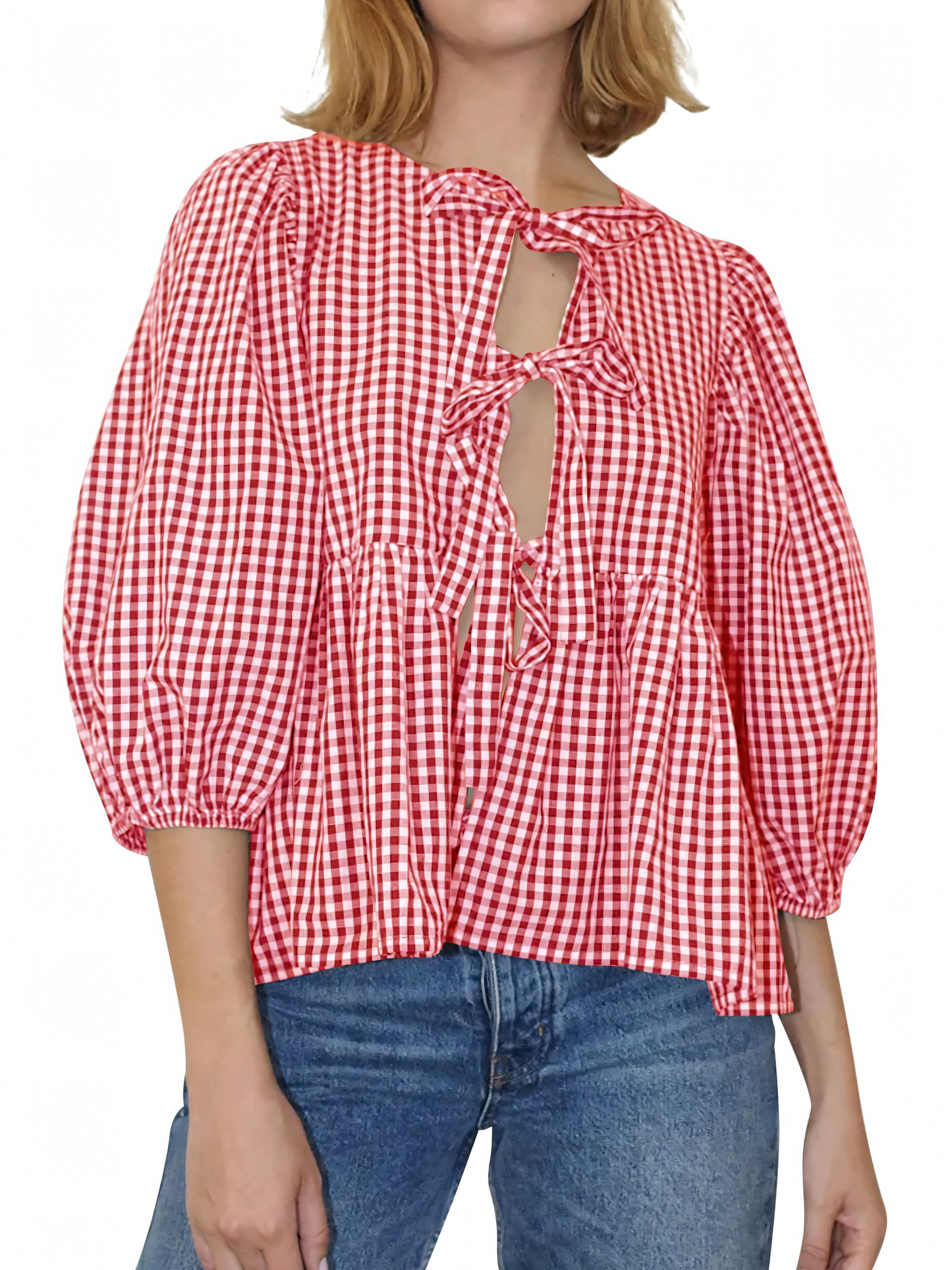 Sweet Casual Lace-Up Plaid Shirt