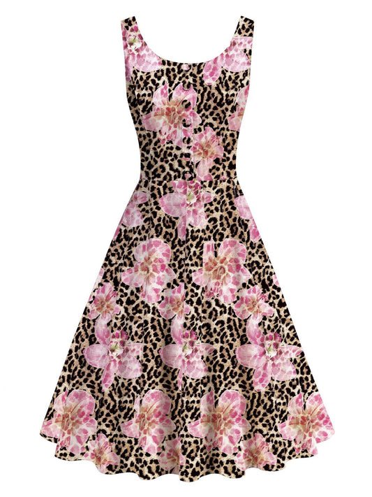 Leopard Pink Floral Print Vintage Elegant  Midi Dress