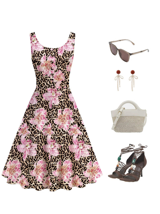 Leopard Pink Floral Print Vintage Elegant  Midi Dress
