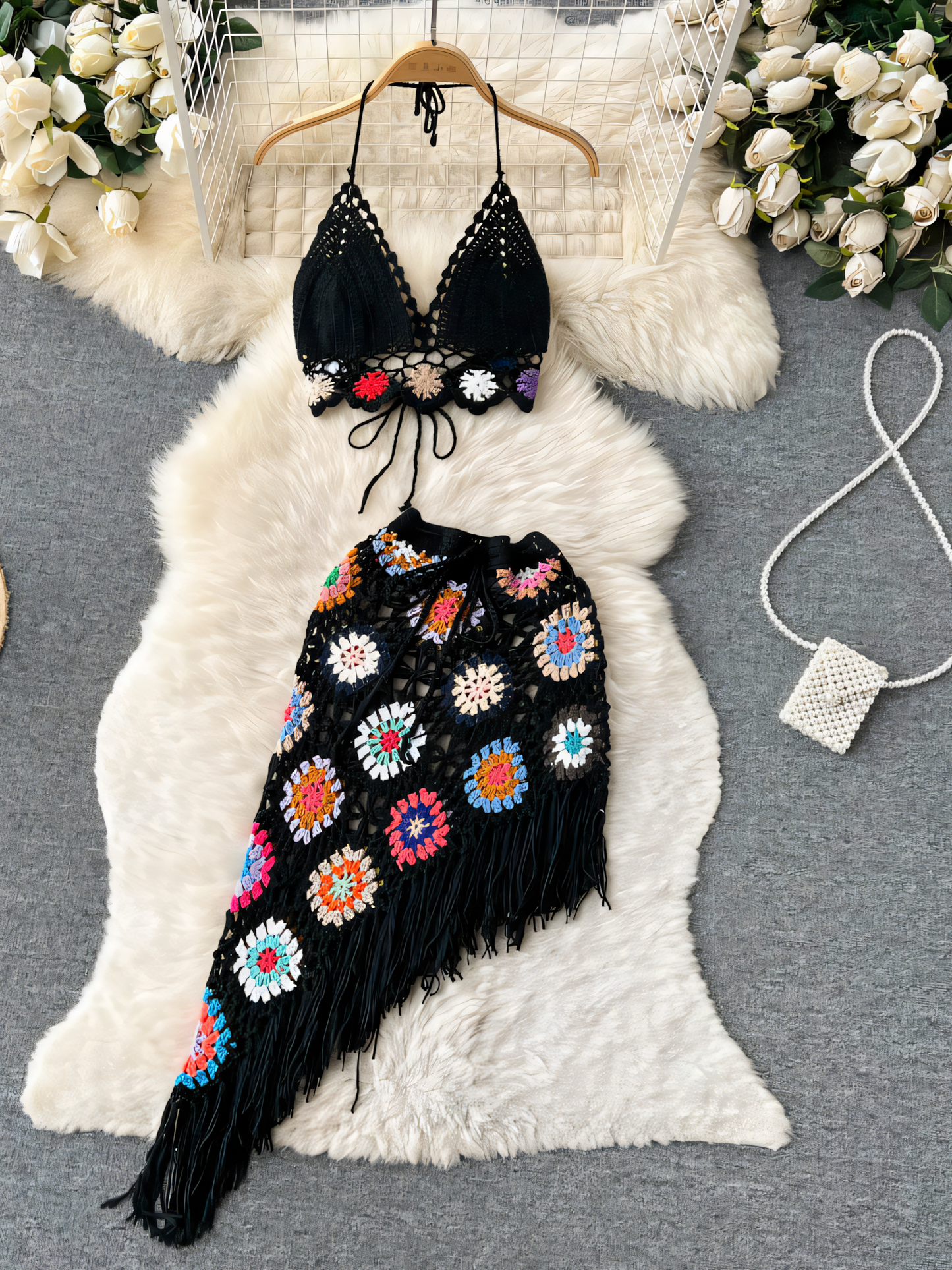 Bohemian Knitted Bandeau Top & Irregular Mini Dress