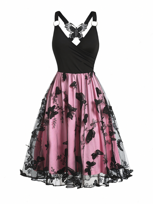 Embroidered Butterfly Mesh Midi Dress