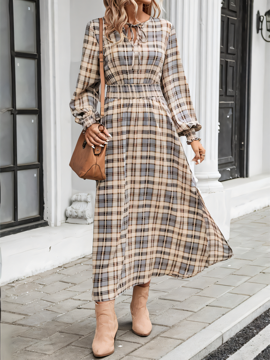 Plaid Print Elastic Waist Maxi Dress