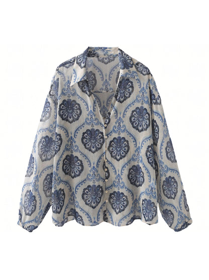 Navy Blue Printed V-Neck Casual Style Shirt
