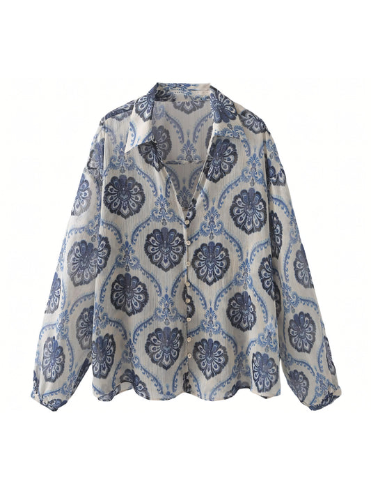 Navy Blue Printed V-Neck Casual Style Shirt