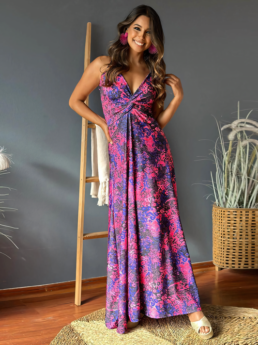 Purple Printed Halter V-neck Maxi Dress
