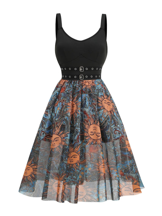Sun Print Mesh Vintage Elegant  Midi Dress