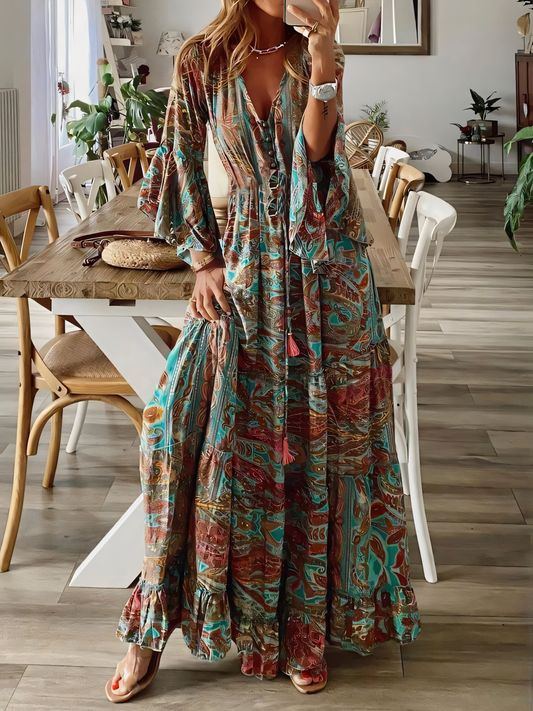 Flared Sleeve Bohemia  Printed V-Neck High Waist Maxi Dress