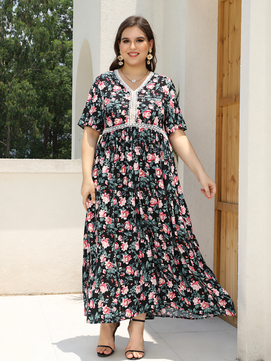 Black Floral Lace Patchwork Maxi Dress