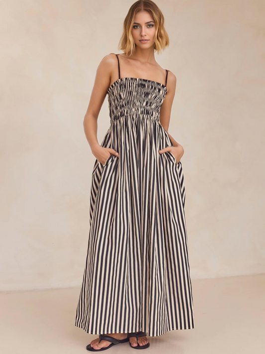 Black White Striped Pocket Camisole Maxi Dress