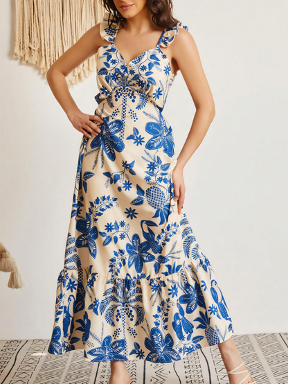 Blue Floral Suspender Slim Maxi Dress