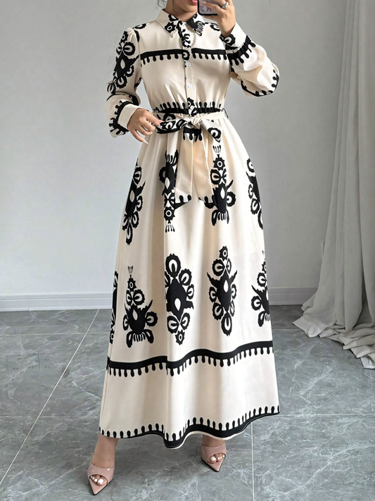 Print Belt Cinched Waist Maxi Dress
