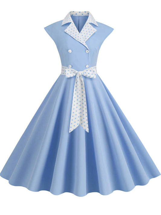 Suit Collar Polka Dot Swing Midi Dress