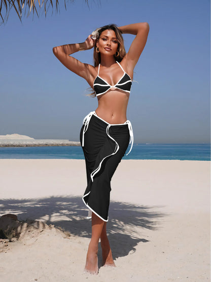 Solid Colour Fashion Sexy Bikini Three Piece Set
