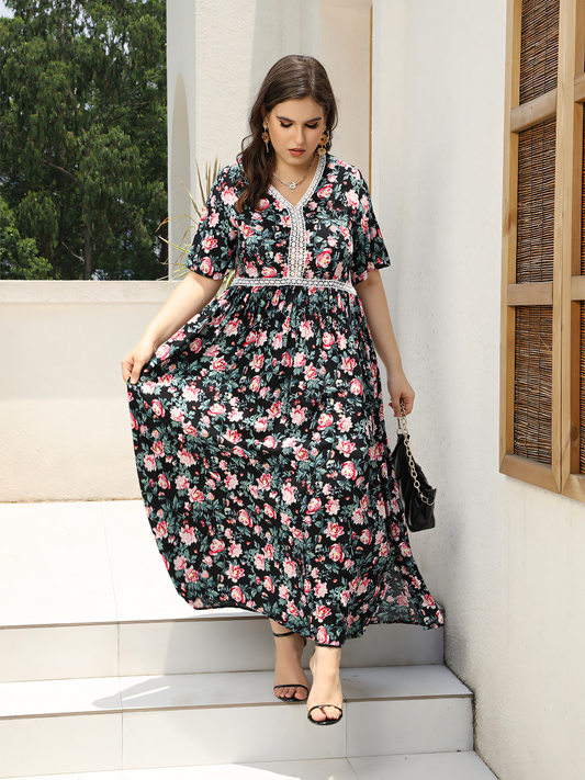 Black Floral Lace Patchwork Maxi Dress