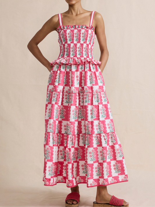 Wave-edged Floral Maxi Dress