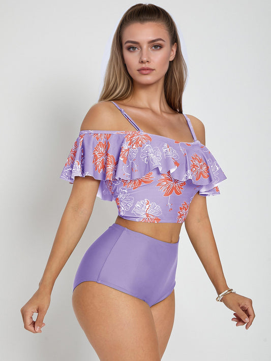Floral Print Ruffle High-waist Tankini
