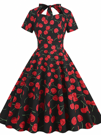 Vintage Floral Hepburn Style Midi Dress