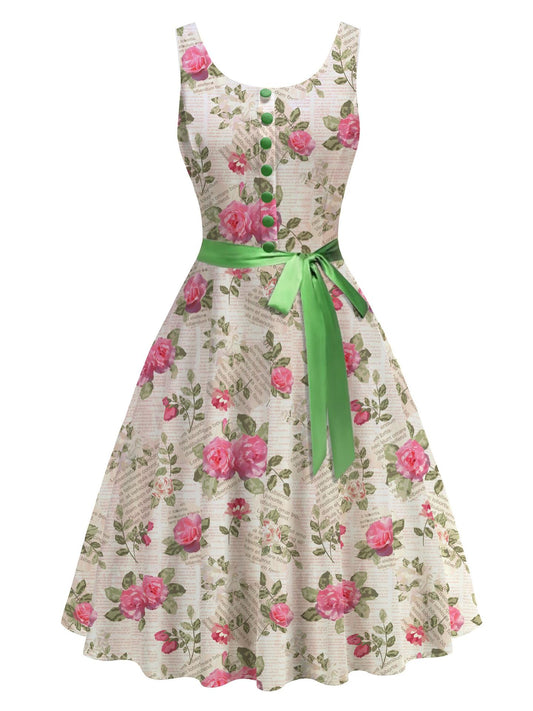 Pink Floral Print Idyllic Vintage Elegant  Midi Dress