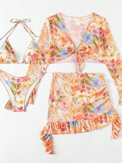 Fashionable Printed Beach Dress Bikini Four-piece Set