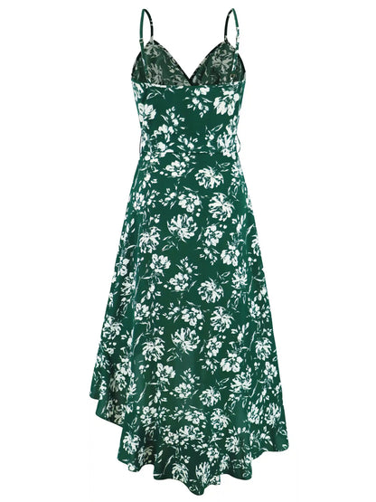 Green Halter Irregular Floral Beach Maxi Dress