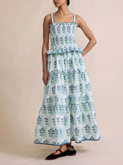 Wave-edged Floral Maxi Dress