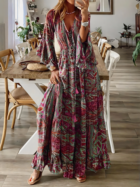 Flared Sleeve Bohemia  Printed V-Neck High Waist Maxi Dress