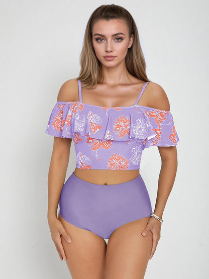 Floral Print Ruffle High-waist Tankini