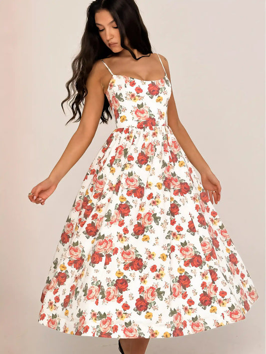 Sweet&Sexy Red Floral Backless Halter Midi Dress