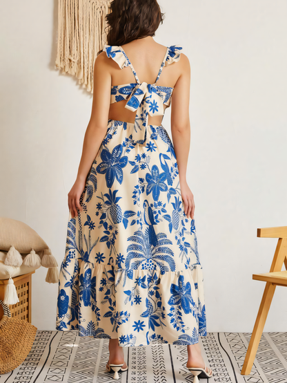 Blue Floral Suspender Slim Maxi Dress