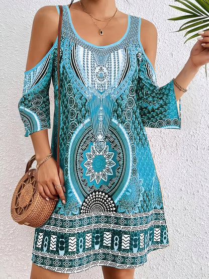 Off-the-shoulder Digitally Printed Midi Dress