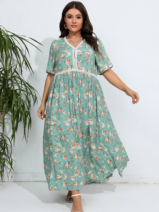 Green Floral Lace Patchwork Maxi Dress