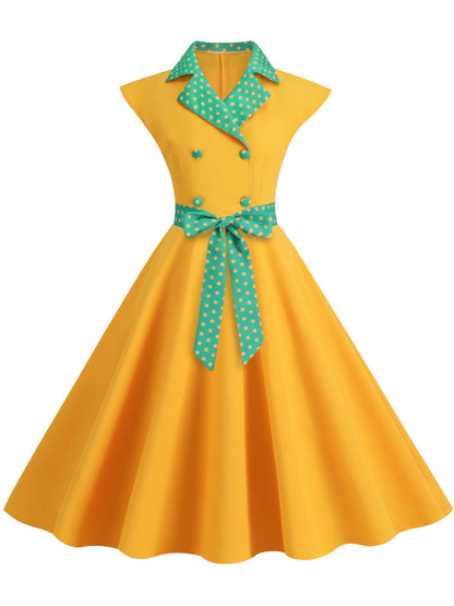 Suit Collar Polka Dot Swing Midi Dress