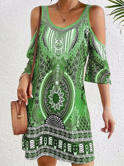 Off-the-shoulder Digitally Printed Midi Dress