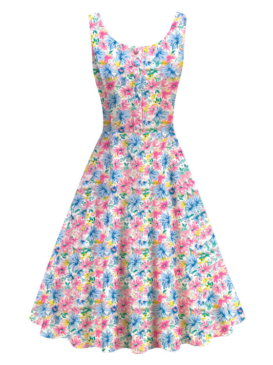 Colorful Daisies Floral Print Vintage Elegant  Midi Dress