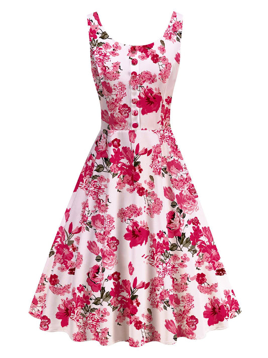 Pink Floral Print Vintage Elegant  Midi Dress