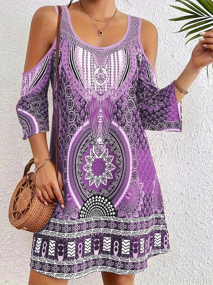 Off-the-shoulder Digitally Printed Midi Dress