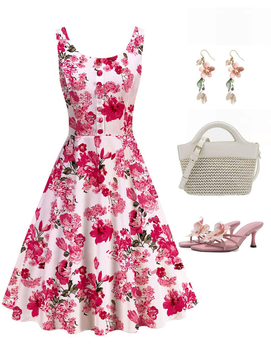 Pink Floral Print Vintage Elegant  Midi Dress