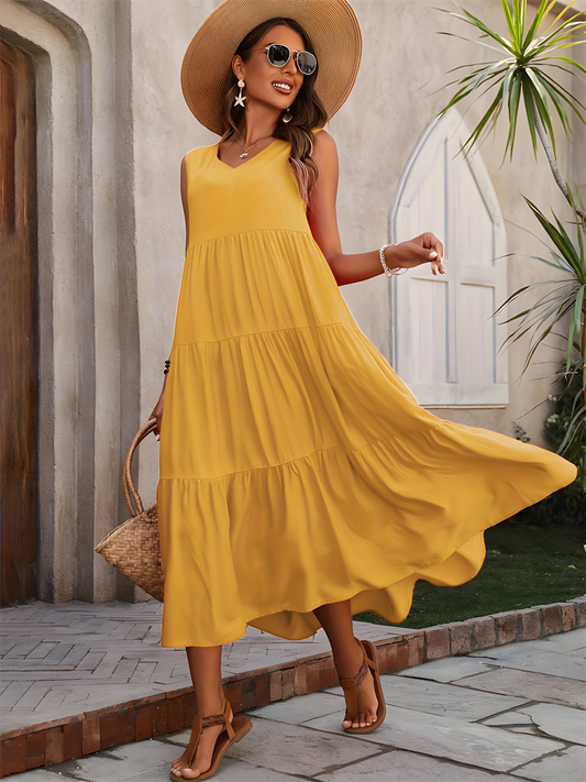 Solid Color V-neck Loose Maxi Dress