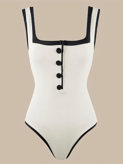 Black White Color-blocked  One-Piece Swimsuit