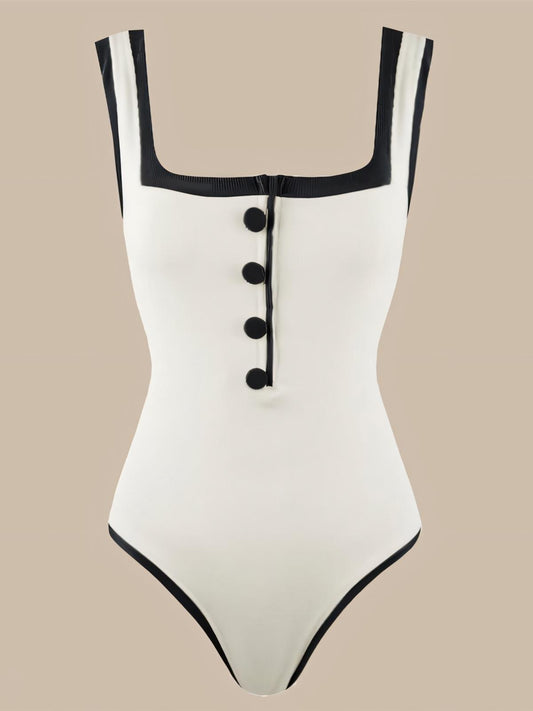 Black White Color-blocked  One-Piece Swimsuit