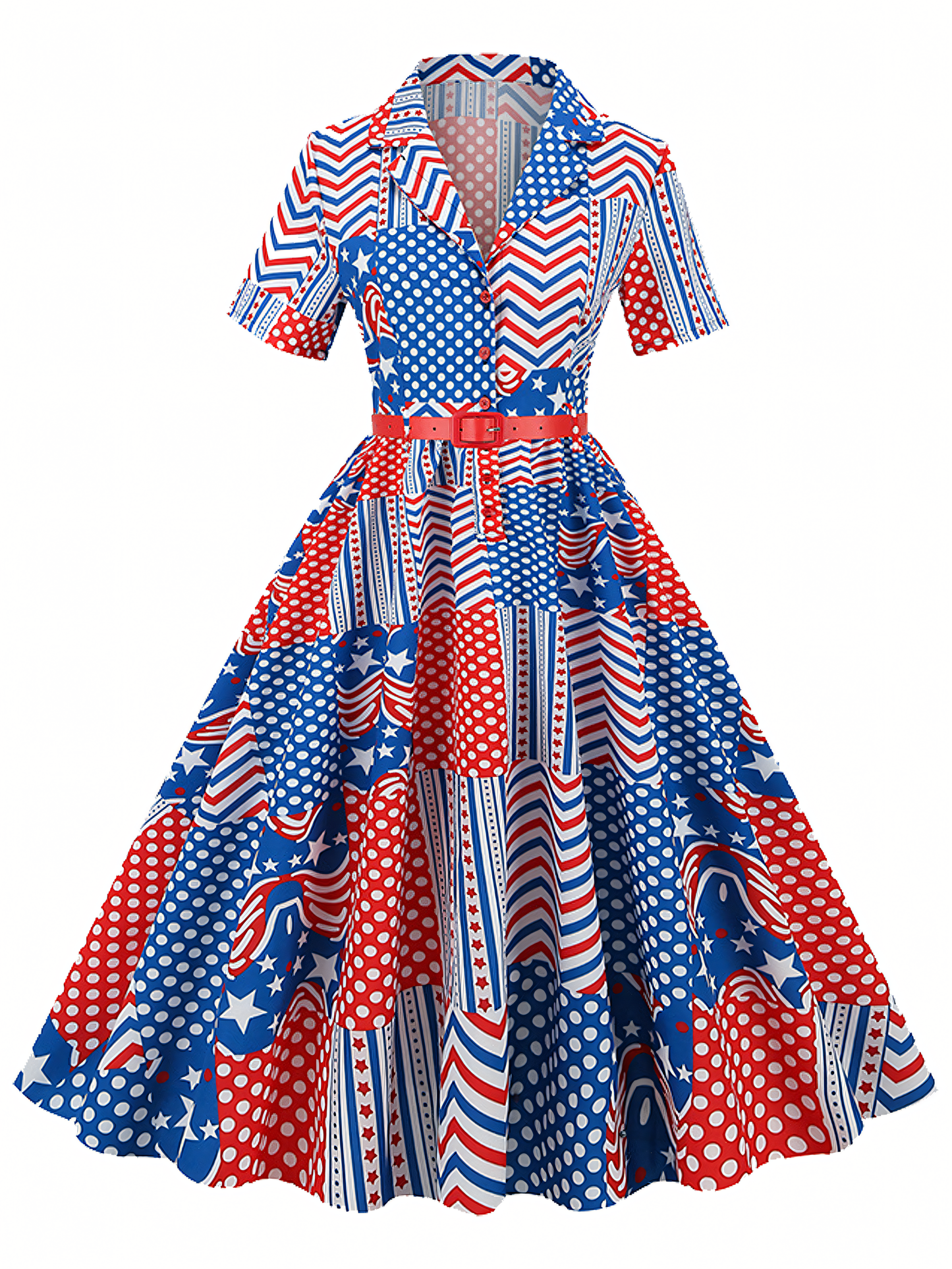 Independence Day White Blue Red Printed  Vintage Midi Dress
