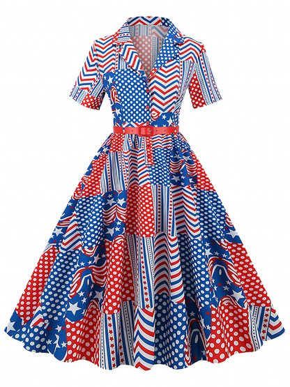 Independence Day White Blue Red Printed  Vintage Midi Dress