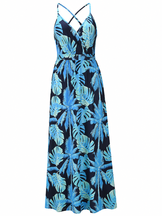 Black Blue Floral Bohemia Halter Maxi Dress