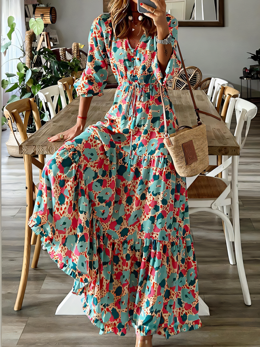 Blue Pink Printed V-neck Long Sleeve Maxi Dress