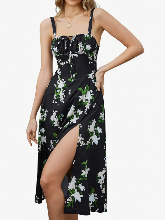 Printing Waist Herringbone Shaped Slit Drawstring Tie Slip Midi Dress