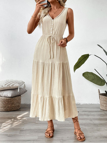 Apricot Lace-up Pleats Maxi Dress