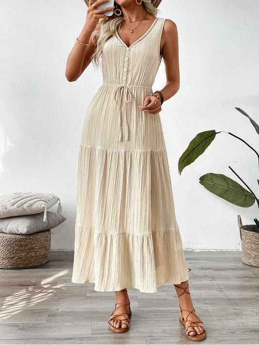 Apricot Lace-up Pleats Maxi Dress