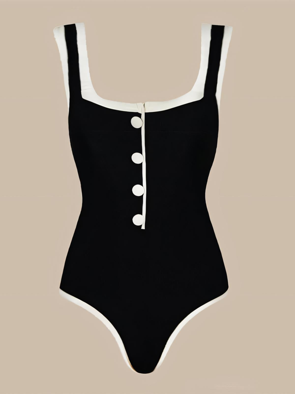 Black White Color-blocked  One-Piece Swimsuit